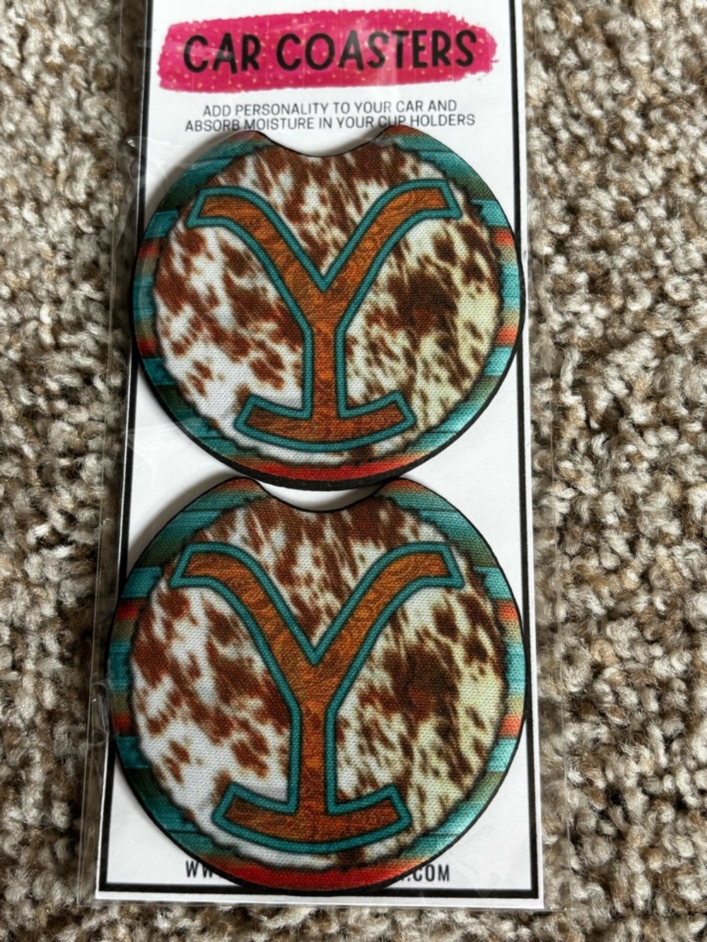 Yellowstone Inspired Turquoise and Brown Cowhide-Print Car Coaster Set